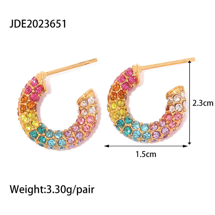 18K Gold Plated Stainless Steel C-Shape Earrings - Asymmetrical Design with Zircon Inlay