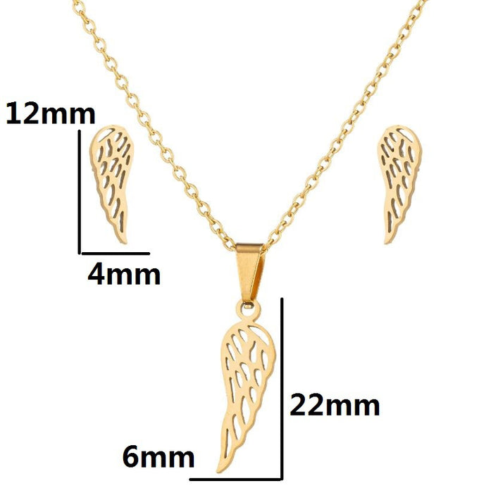 Angel Wings Feather Pendant Necklace Earrings Two-piece Set, Stainless Steel Simple Jewelry Wholesale