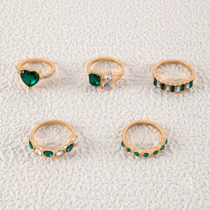 Vintage Emerald Crystal Gemstone Ring Set - 5pcs Geometric Versatile Rings