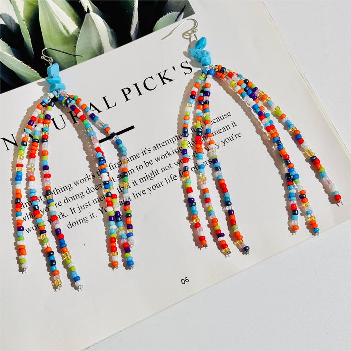 Bohemian Beaded Tassel Earrings Blue Gravel Design Earrings