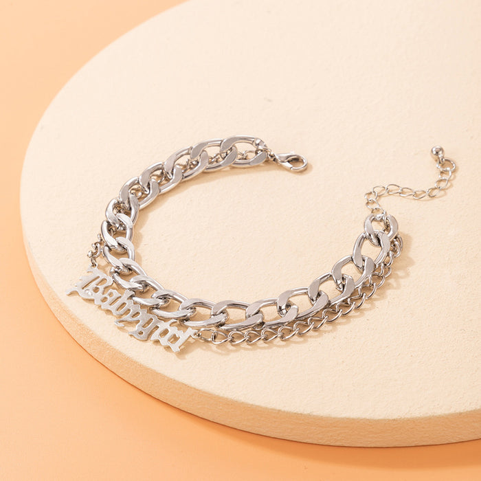 Double-Layer Letter Chain Anklet with Geometric Heavy Metal Design