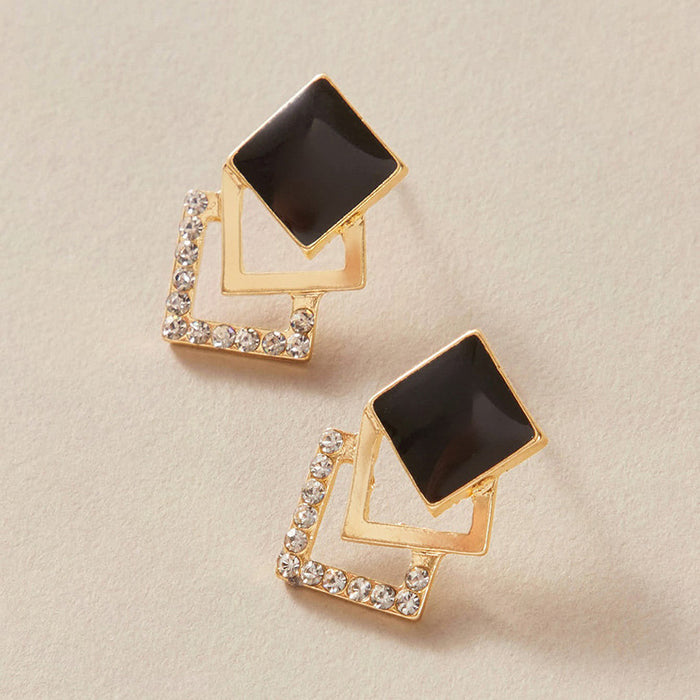 Multi-layered black diamond-shaped squares with diamonds and oil-drop small stud earrings