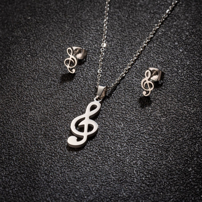 Music series musical note pendant necklace earrings three-piece set, Korean sweet stainless steel jewelry