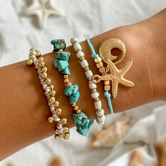 Conjunto de pulseras de turquesa con estrellas de mar bohemias: joyería de cuentas de cuatro piezas estilo playa