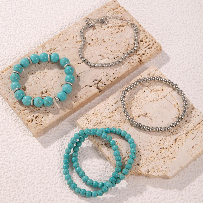 Bohemian Turquoise Beaded Layered Bracelet Set - Luxury Rhinestone Chain Jewelry