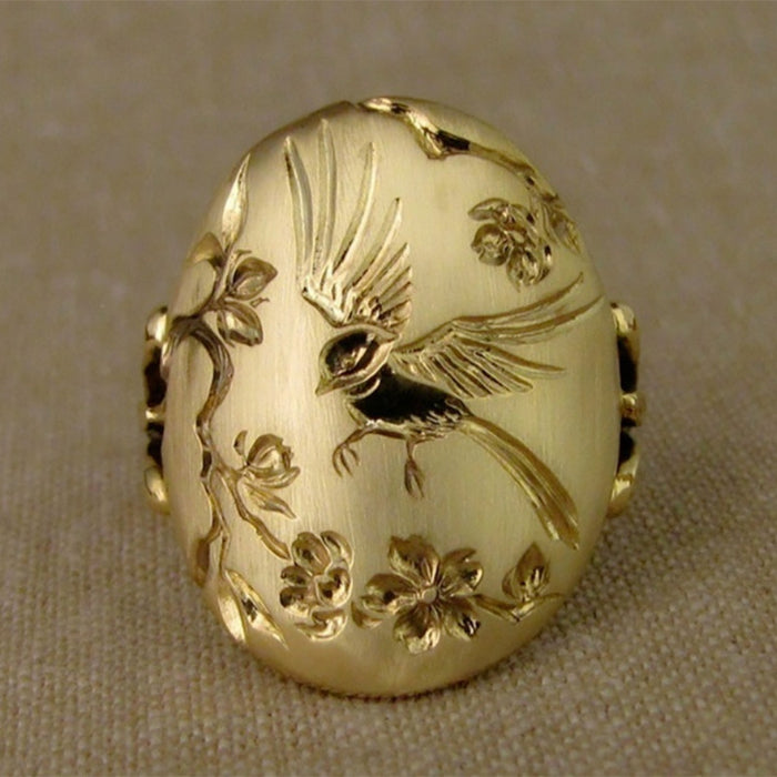 Creative Birdsong and Flowers Copper Ring embossed carving couple ring