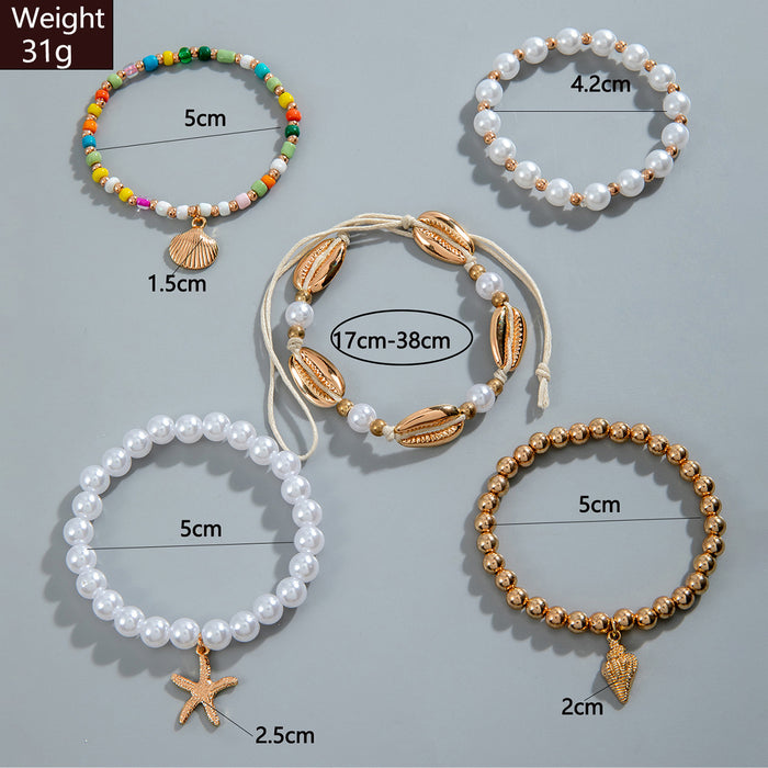 Beach Starfish and Pearl Bracelet Set - Bohemian Five-Piece Jewelry