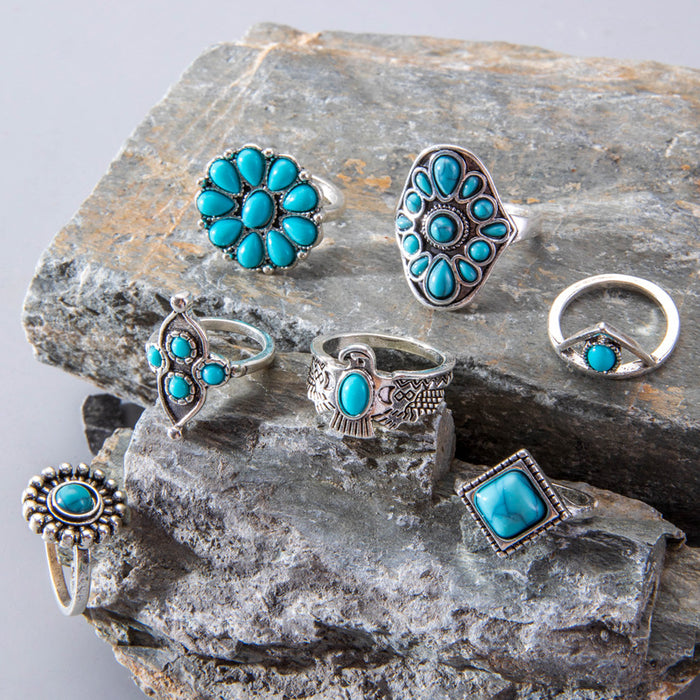 Bohemian Owl Feather Turquoise Ring Set - 7pcs Vintage Rings