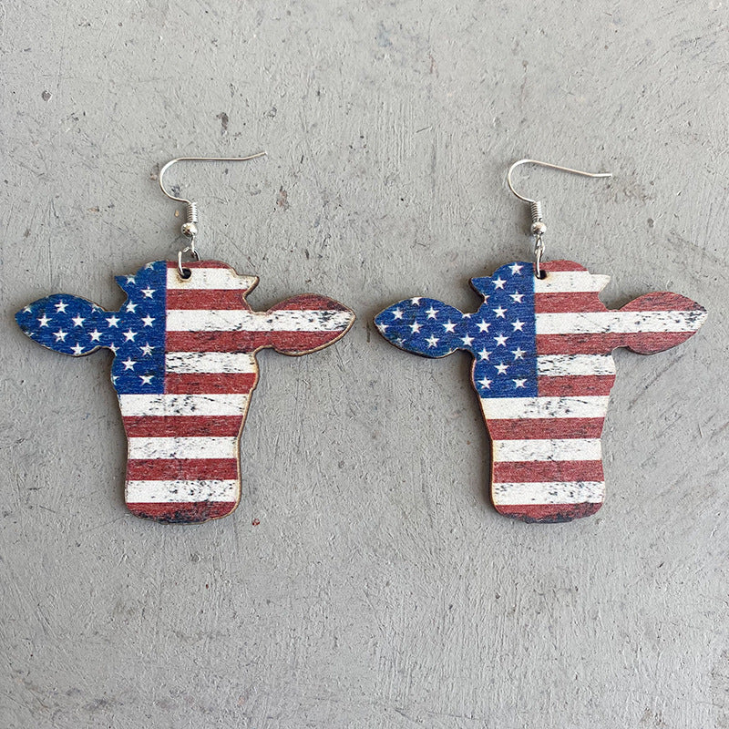 Wooden patriotic cow earrings