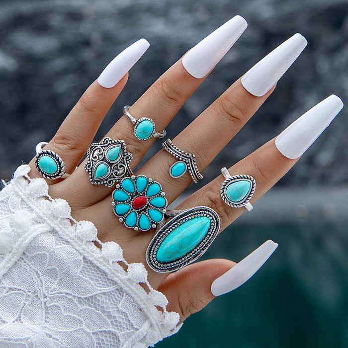 Bohemian Turquoise Ring Set - Stylish Seven-Piece Set for Women