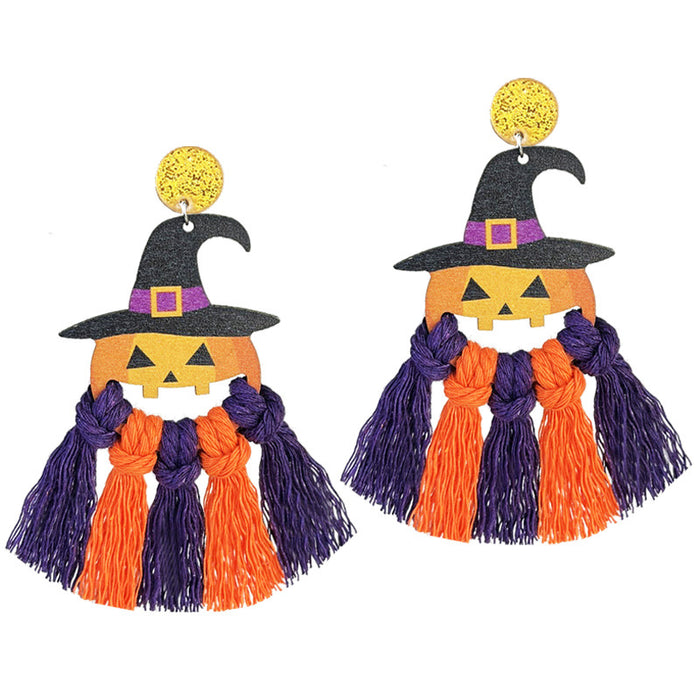 Halloween Handwoven Tassel Wooden Earrings with Colorful Pumpkin, Bat, Ghost, and Spider Designs