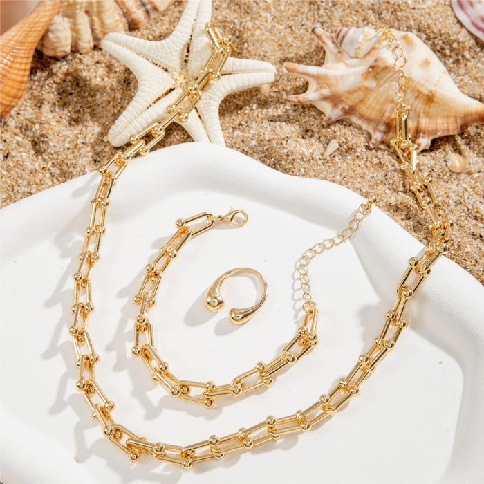 Bold U-Shape Chain Necklace and Gold Open Ring Set