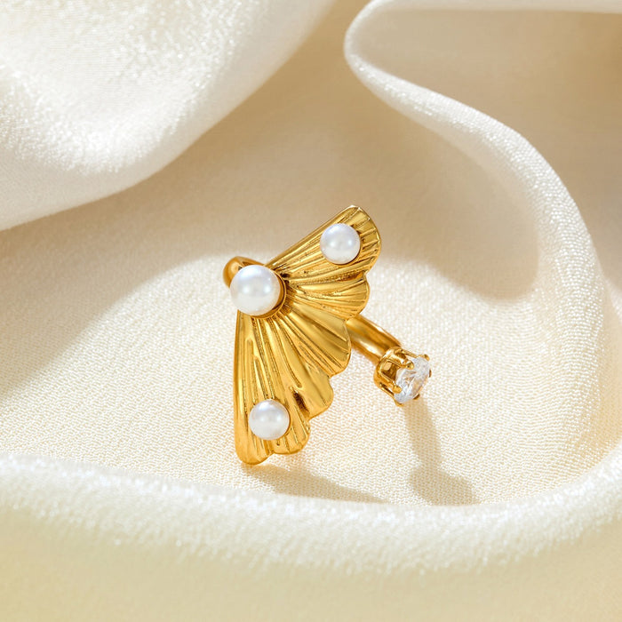 Wholesale stainless steel hydraulic ginkgo leaf inlaid pearl open ring