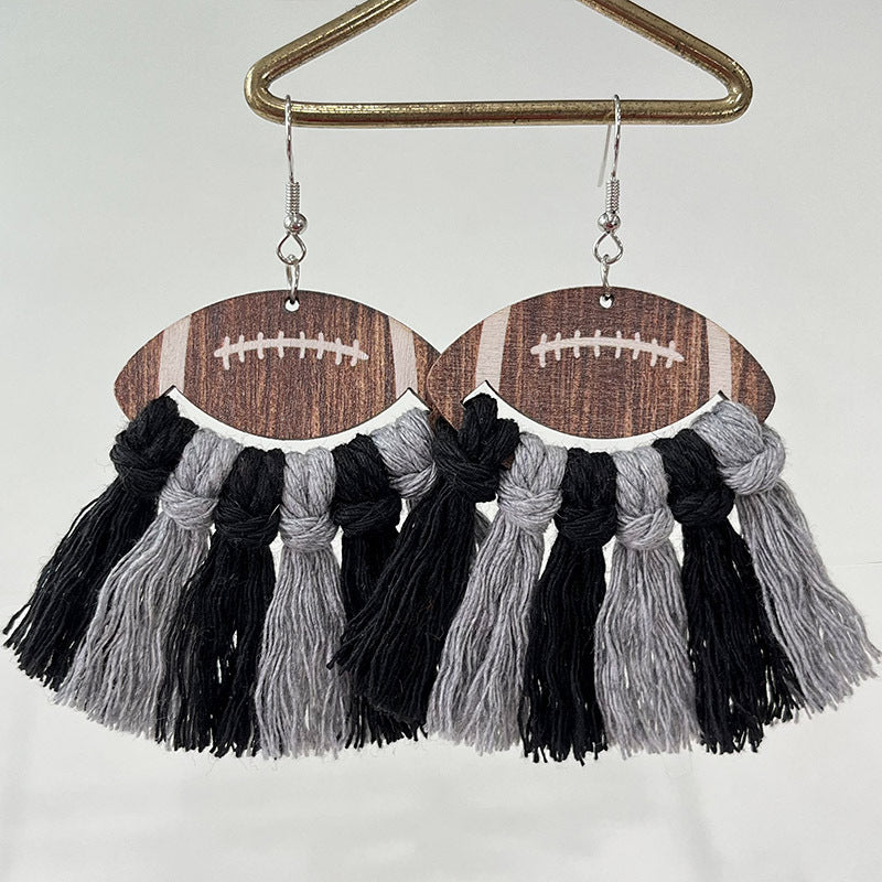 Sports Themed Woven Tassel Wooden Earrings for American Football Cheerleaders