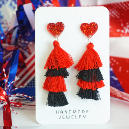 Independence Day Multi-Layer Tassel Heart Earrings with Cheerleader Design