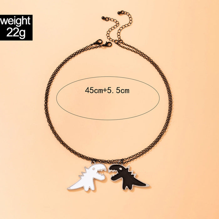 Black and White Dinosaur Couple Necklace with Irregular Animal Double Layer Design