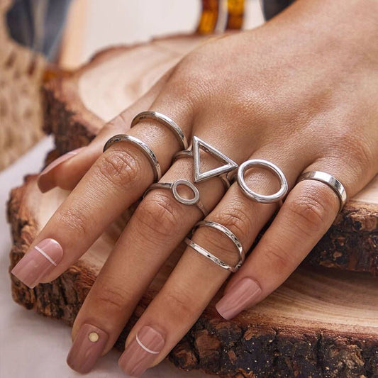 Simple geometric triangle ring set, alloy versatile silver six-piece set