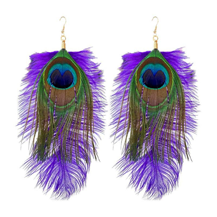 Festival Feather Earrings with Purple, Yellow, and Green Peacock Feathers