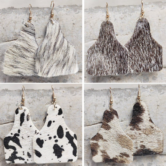 Long Hair Leather Southwestern Style Cow Tag Earrings with Western Cowboy Design