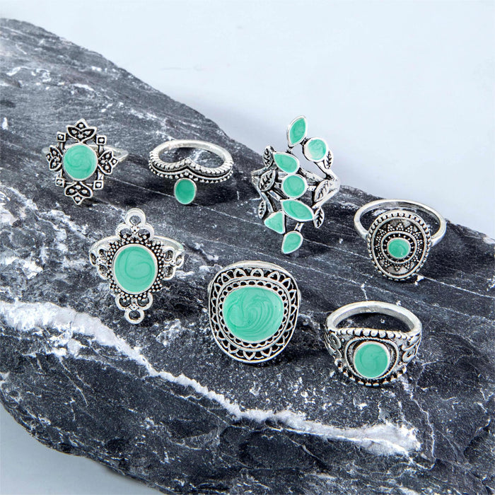 Bohemian Turquoise Leaf Ring Set - 7pcs Vintage Owl Exaggerated Rings