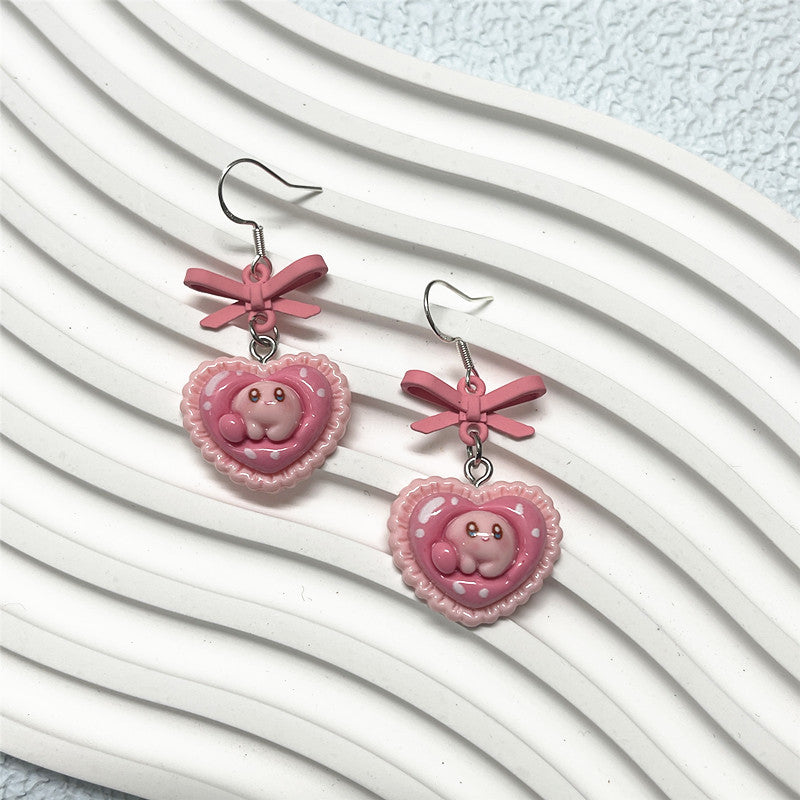 Pendientes de lazo de amor con pintura rosa dulce Pendientes de aguja de plata S925