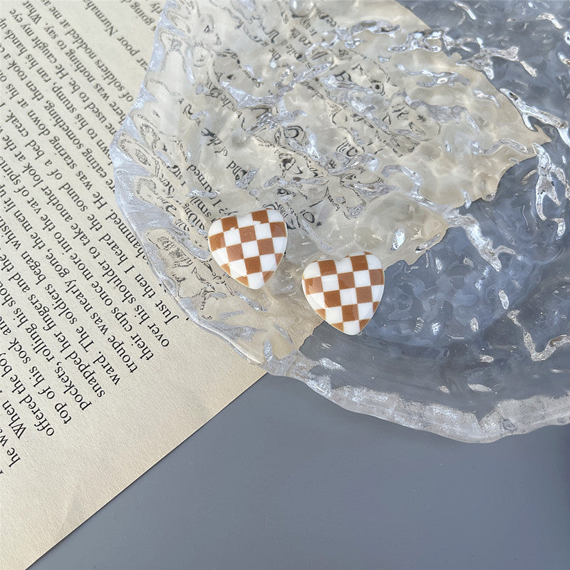 Japanese and Korean cold style retro checkerboard earrings personality 925 silver earrings - wallojewerly 