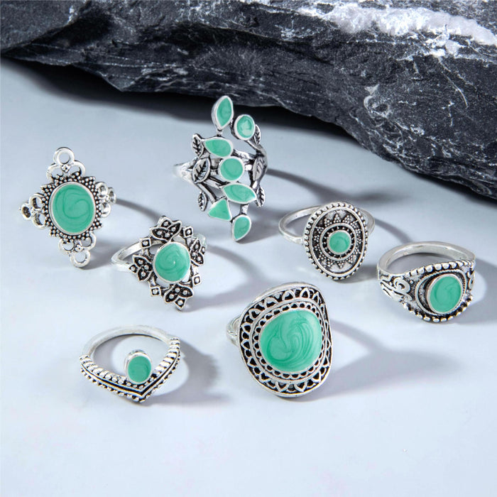 Bohemian Turquoise Leaf Ring Set - 7pcs Vintage Owl Exaggerated Rings