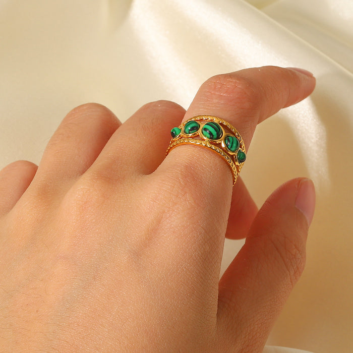 Women's Waterproof Stainless Steel Malachite Hollow Open Ring - Fashion Round Jewelry Gift