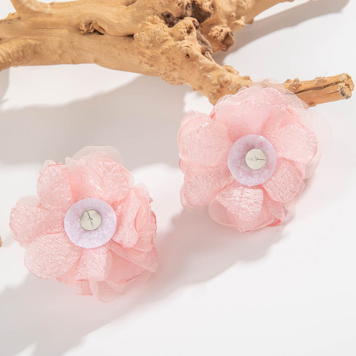 Korean romantic cherry blossom pink lace big flower earrings geometric fabric earrings