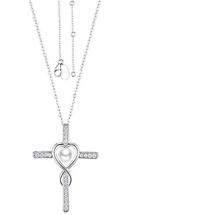 Hollow Cross Heart Pendant Imitation Pearl Necklace