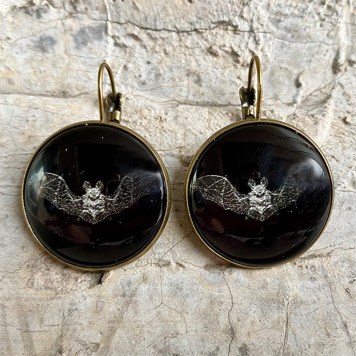 Vintage Glass Skull and Bat Earrings with Halloween Gothic Style