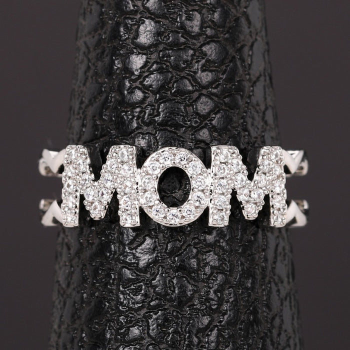 Pave inlaid MOM ring, Mother's Day open adjustable ring