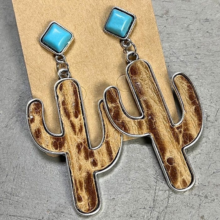 Vintage Cactus Leather Earrings with Turquoise Design