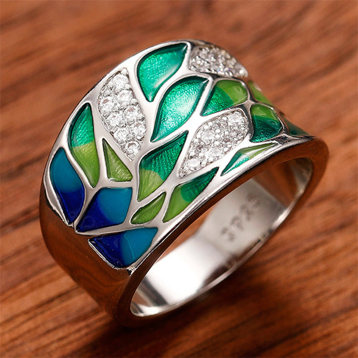 Imitation enamel dripping glue ring colorful leaf style European and American style ring jewelry