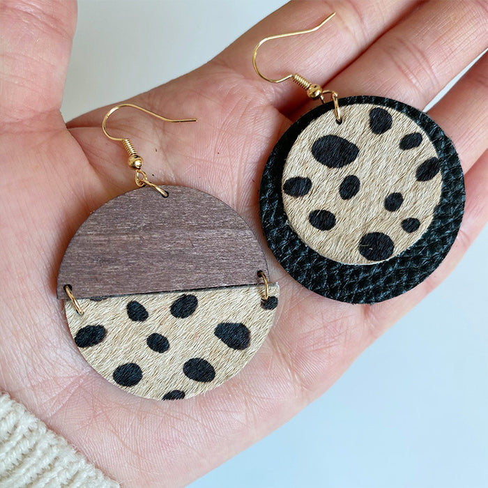 Leopard Print Cowhide Earrings with Round Geometric Wood and Leather