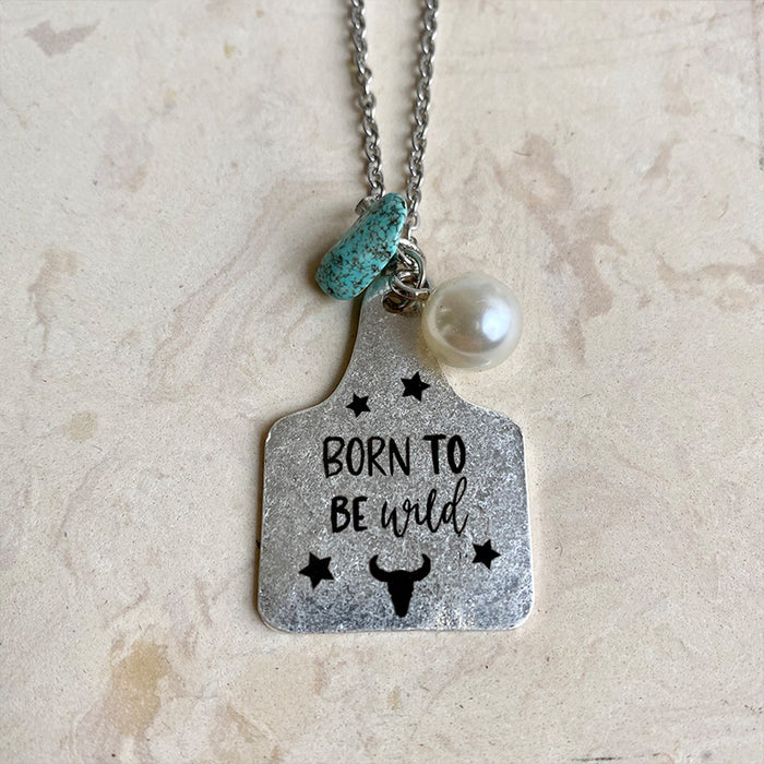 Bohemian Alloy Necklace with Vintage Geometric Pearls, Turquoise, and Western Cowboy Elements