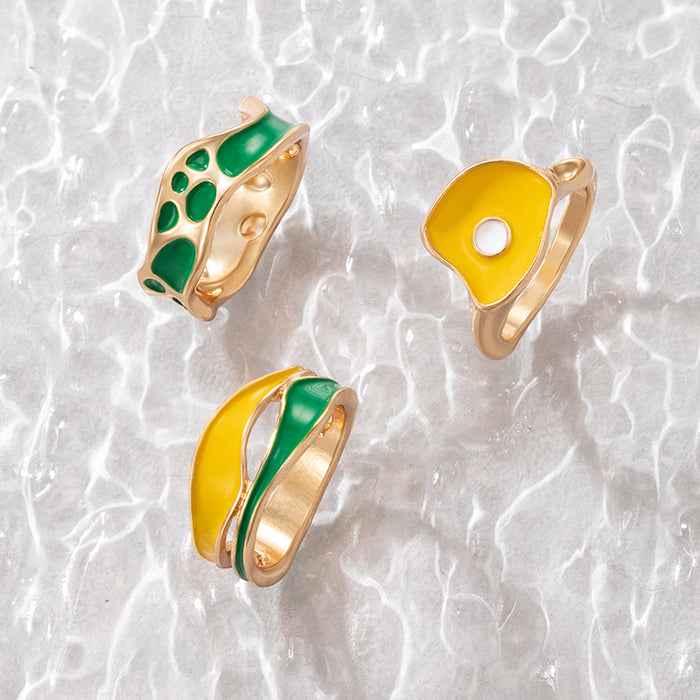 Irregular geometric colorful oil drop ring set hollow carving design