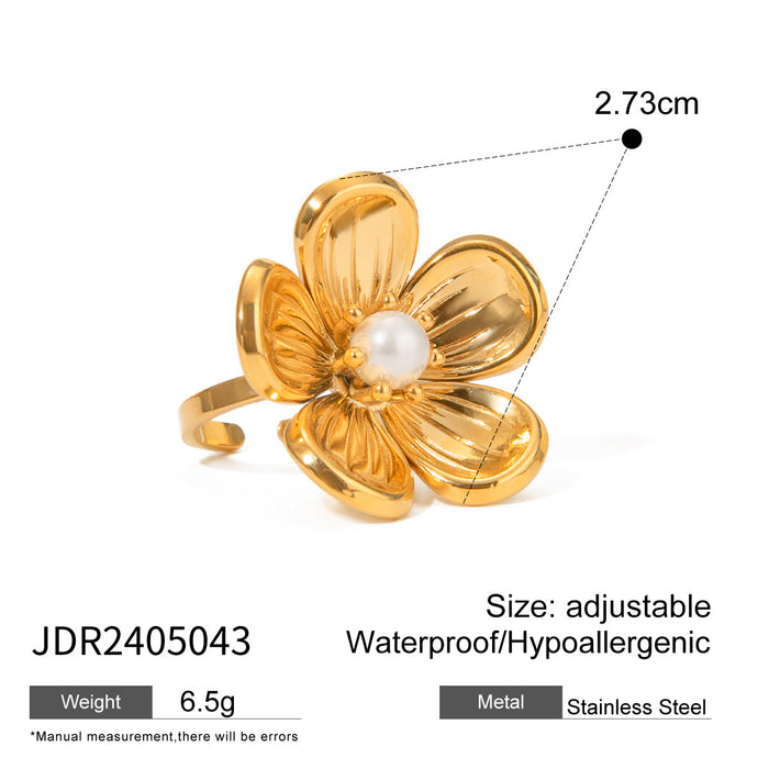 Stainless Steel Flower Pearl Ring