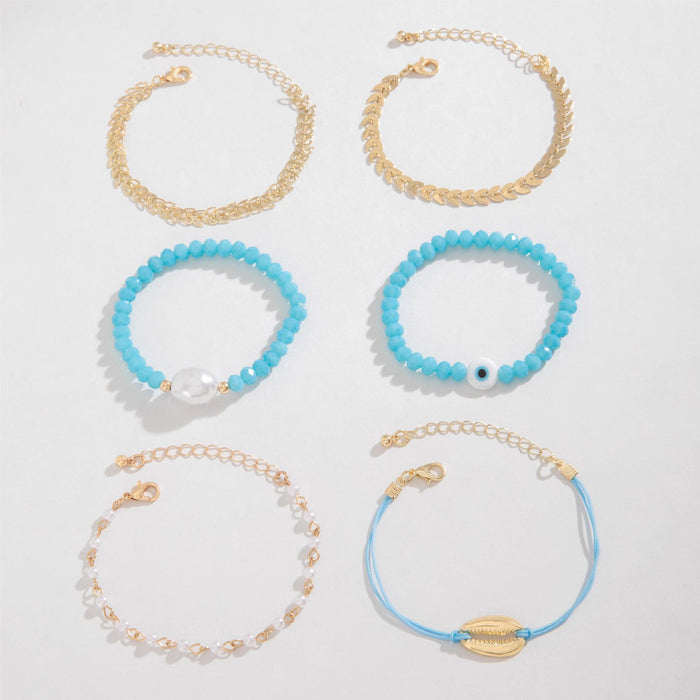 Blue Beaded Shell Bracelet Set with Evil Eye - Six Pieces