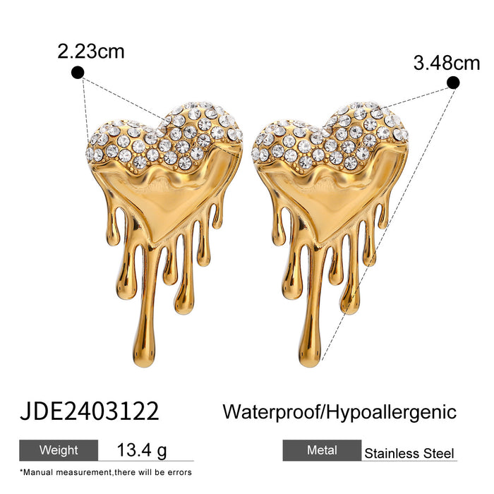 Original Design 18K Gold Stainless Steel Heart-Shaped Flowing Liquid Earrings with Diamonds