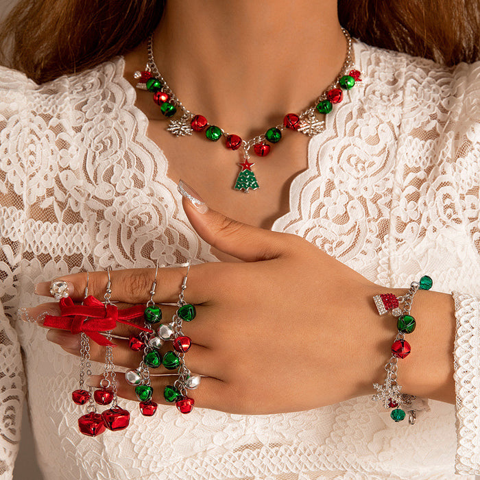 Christmas Jingle Bell Necklace and Bracelet Set - Festive Three-Piece Jewelry