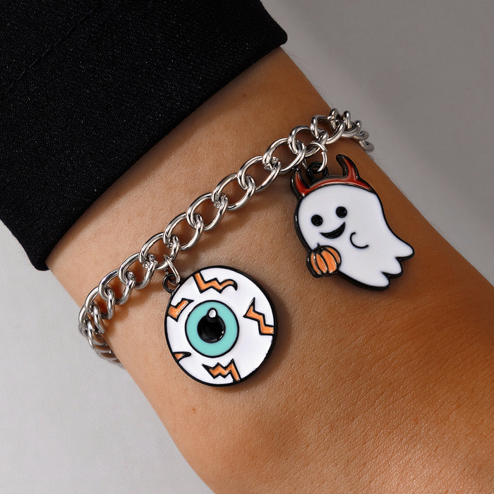 Halloween Pumpkin Enamel Anklet with Cat and Ghost Bead Charm