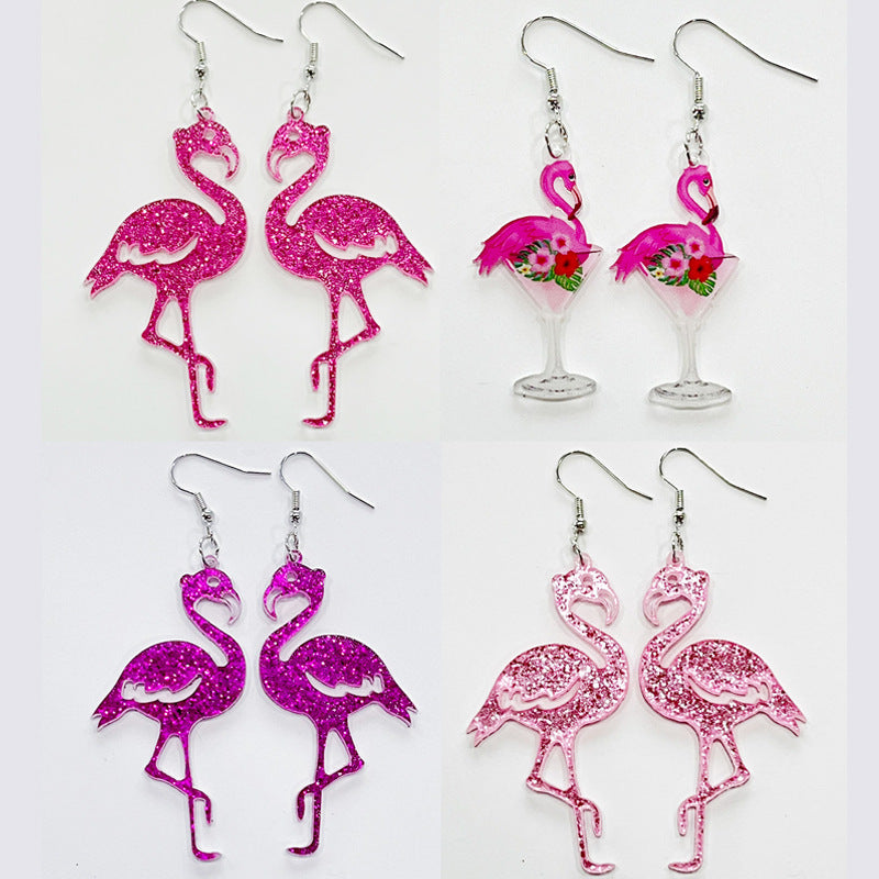 Flamingo Party Earrings with Pink Cocktail and Girl Design