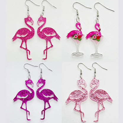 Flamingo Party Earrings with Pink Cocktail and Girl Design