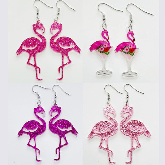 Flamingo Party Earrings with Pink Cocktail and Girl Design