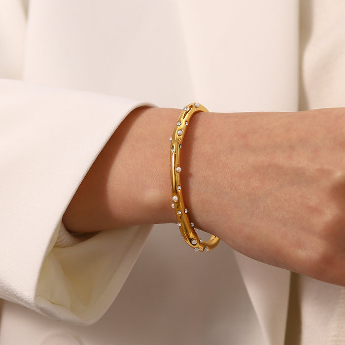 18K Gold Plated Stainless Steel Pearl and Zircon Cross Cuff Bracelet - Trendy Jewelry for Women