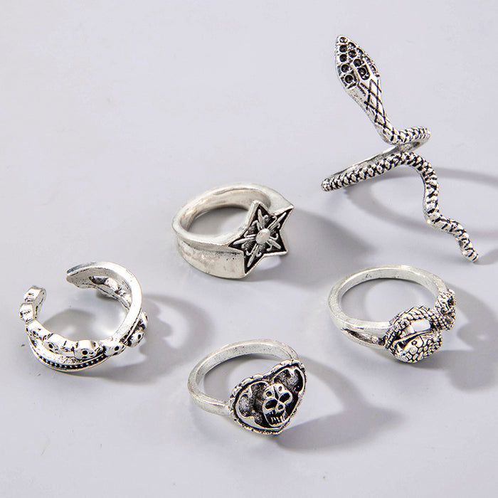 Punk Snake Skull Ring Set - Dark Five-Piece Set for Women