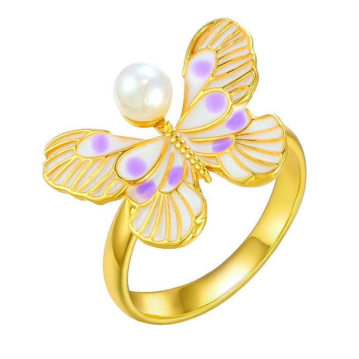 Wholesale copper micro-inlaid pearl enamel painted drop butterfly open ring