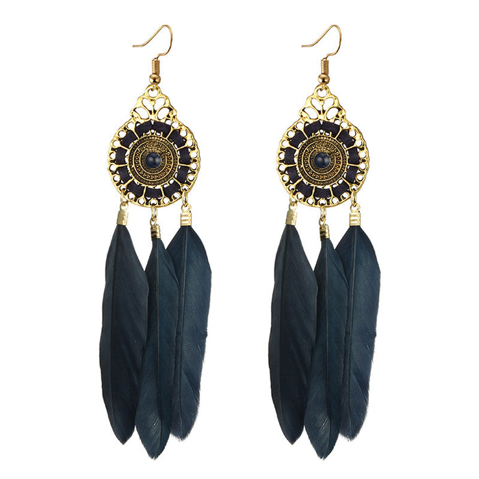 Ethnic style feather long earrings gold leaf round bead earrings