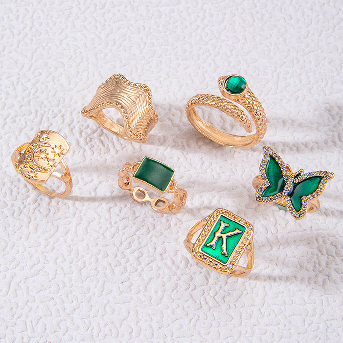 Retro Green Rhinestone Butterfly Snake Ring Set - Luxury Geometric Six-Piece Set